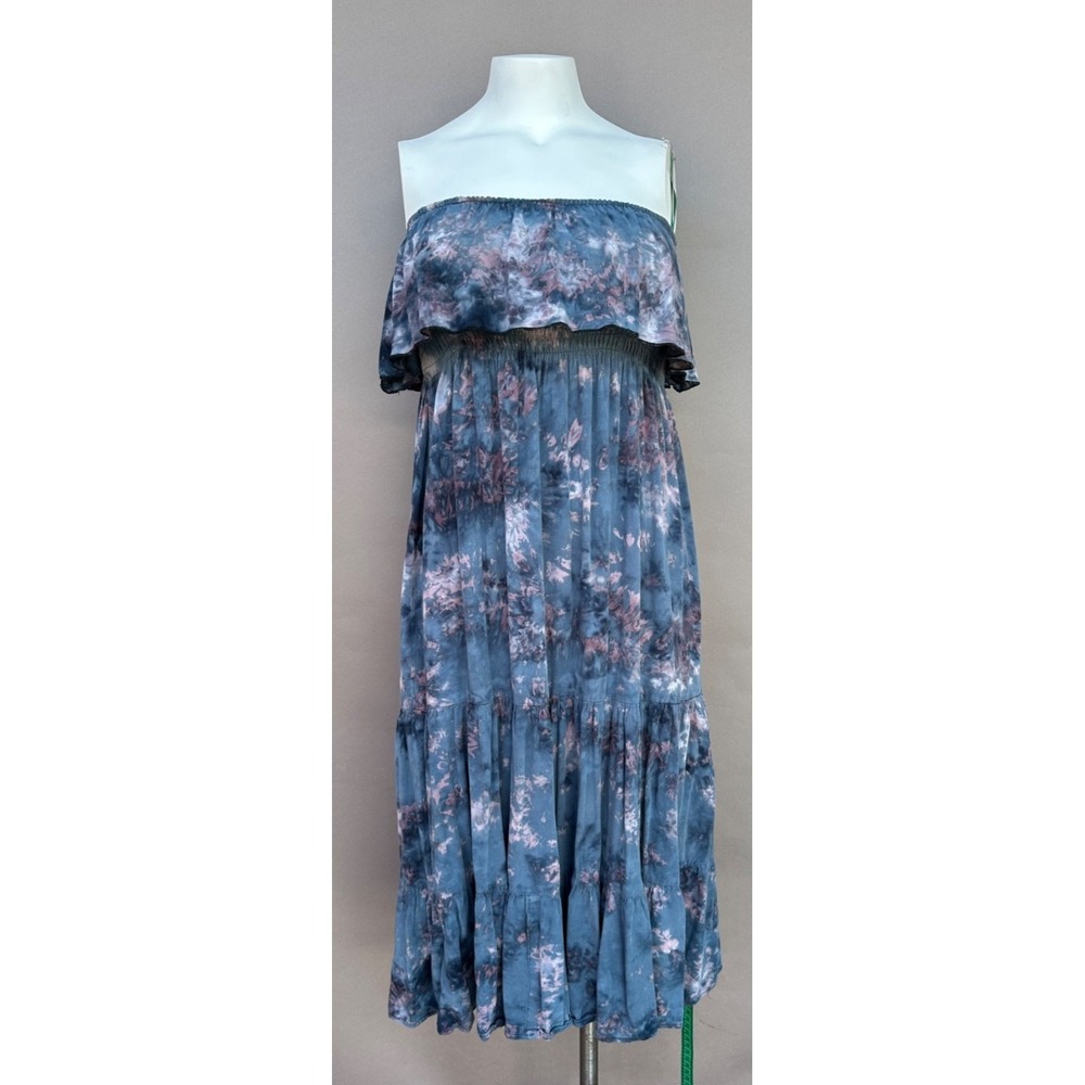 Ruffled Smocked Bodice Dress Tiered Skirt Midi Strapless Blue Tie Dye M L Boho